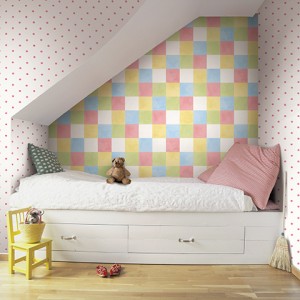 Light and stylish child's bedroom with built in bed and multi-coloured animal mural on wall